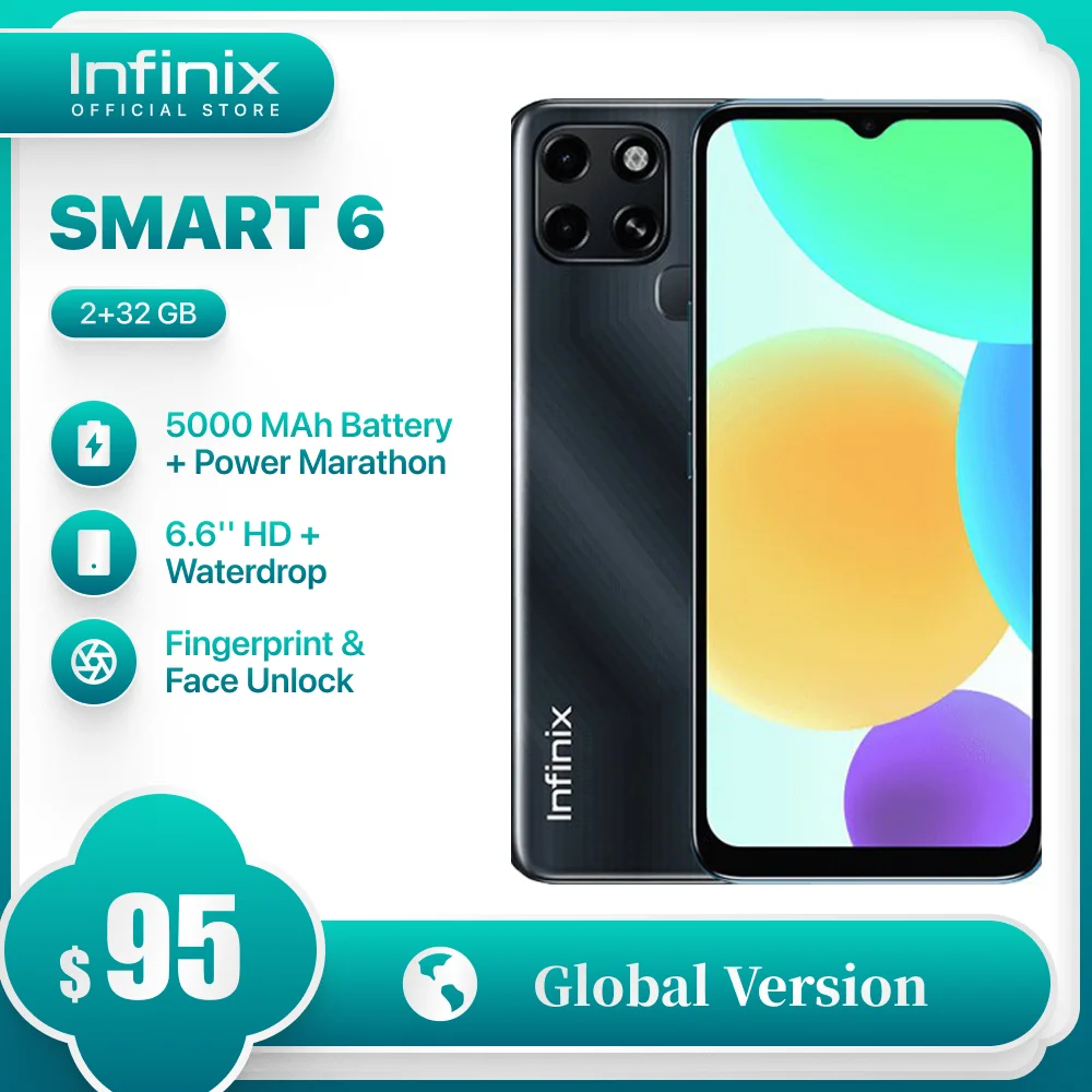 Global Version Infinix Smart 6 Mobile Phone 2GB RAM 32GB ROM 6.6''HD Smartphone 5000mAh Battery Fingerprint Face Unlock cellphone infinix