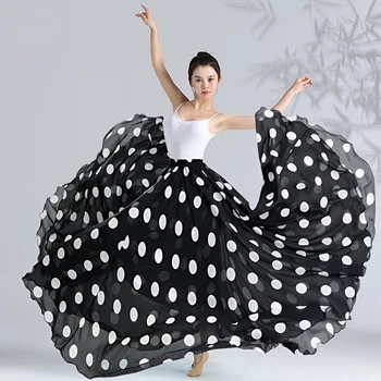 360-720 degree Classical Dance High-waisted Skirt Flamenco Dance Clothing Polka Dot Print Skirt Dance Stage Performance Outfit