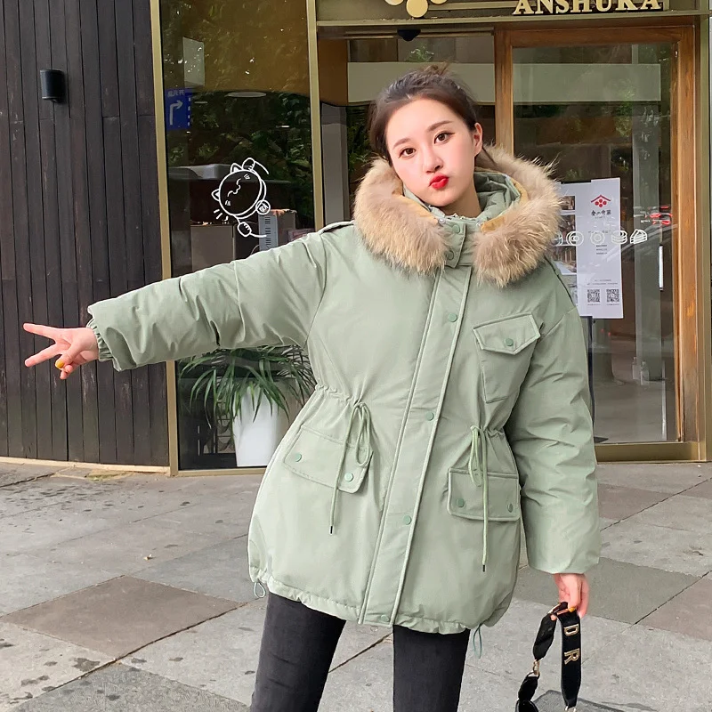 2024 Safari Style Parker Coat Women Winter Outdoor Cotton-padded Jacket High Quality Fur Collar Hooded Outerwear Loose Overcoat