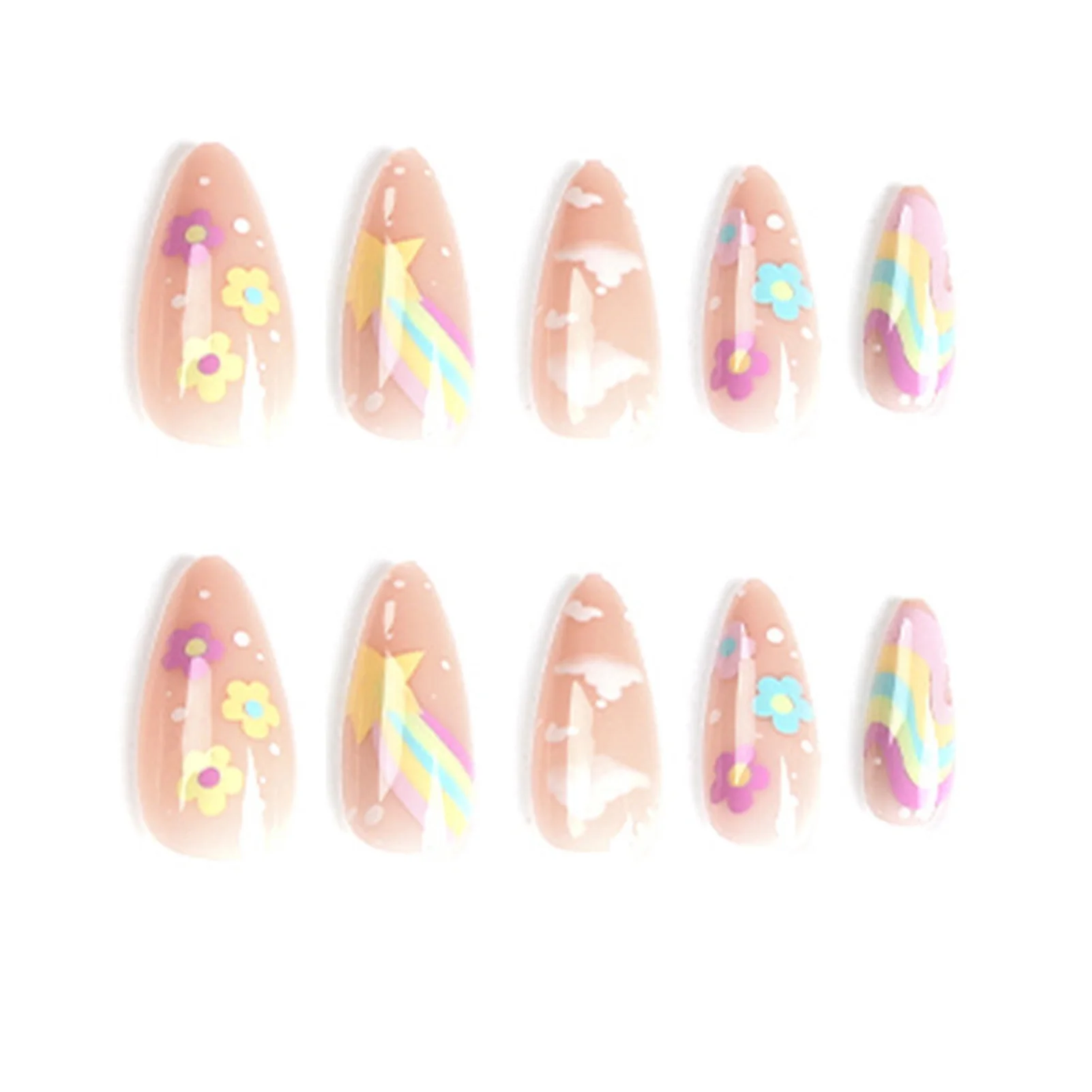 24pcs False Nail Tips for Girl Rainbow Cloud Star Printed Almond Fake Nails Full Cover Reusable Adhesive fake nails nail tips false nails false nail tips