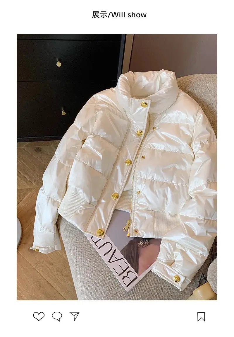 Chic Design White Parkas Women Puffer Jacket Puffy Coat Button Winter Warm Thick Long Sleeve Short Jacket Stand Collar Outerwear