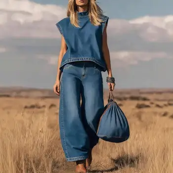 Office Casual Women Outfit Ladies' Summer Vintage Washed Denim Sleeveless Set Straight Leg Casual Pants OL Commuting Set 1