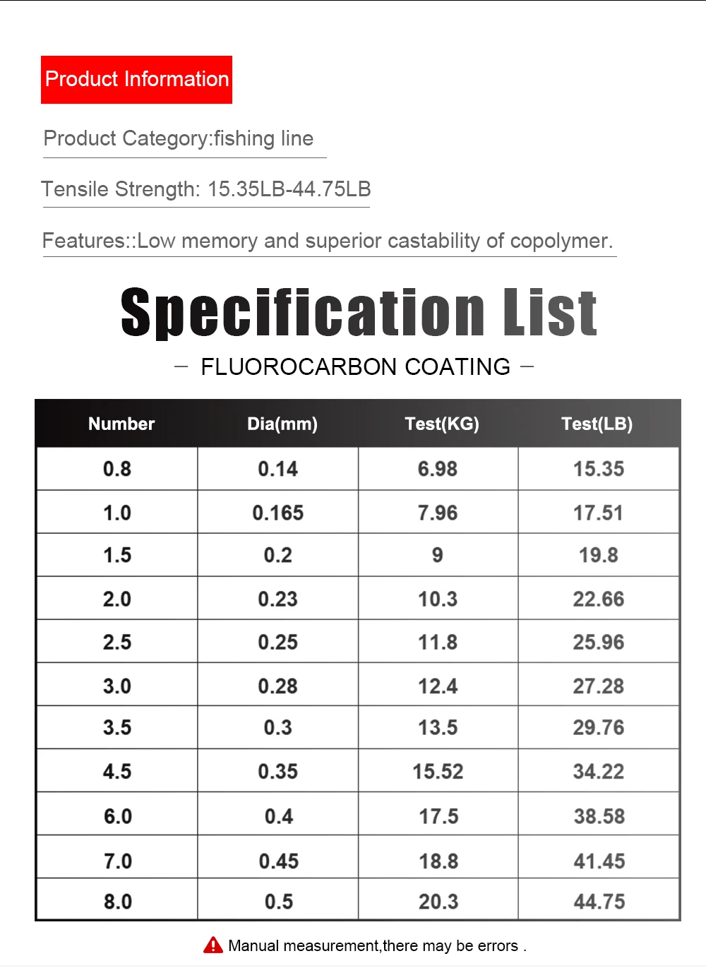 Description Picture 5 of itemFTK 150M/300M Super Strong Nylon Fishing Line 0.14MM-0.50MM Fluorocarbon Coating Monofilament Carp Fishing Line 15.35LB-44.75LB