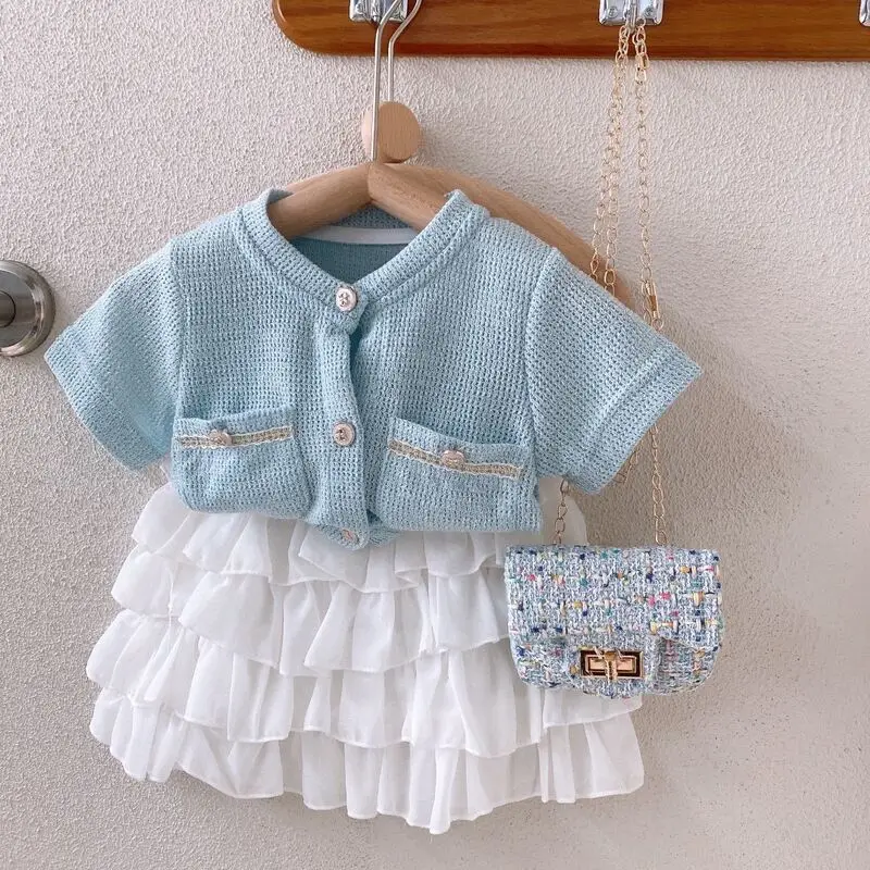 

Girls Summer Clothing Set Elegant Girl Kids Knit Cardigan Coat Shirts+cake Skirts Baby Children 2pcs Birthday Princess Clothes