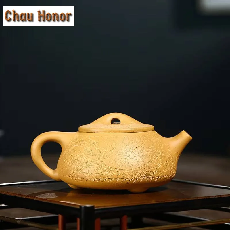 250ml Yixing Raw Ore Golden Section Mud Dragon Pattern Carving Purple Clay Teapot Handmade Household Kung Fu Tea Set Customized