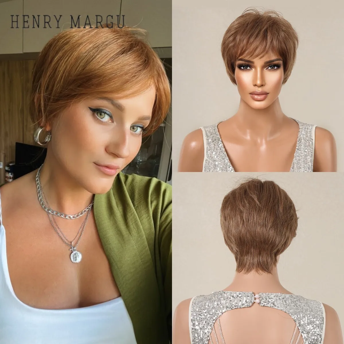 HENRY MARGU Brown Short Straight Synthetic Natural Wigs for Women with Bangs Daily Cosplay Party Heat Resistant Fiber Wigs british style simple men s summer clothes high quality men s shirts vintage cotton linen henry collar short sleeved shirt