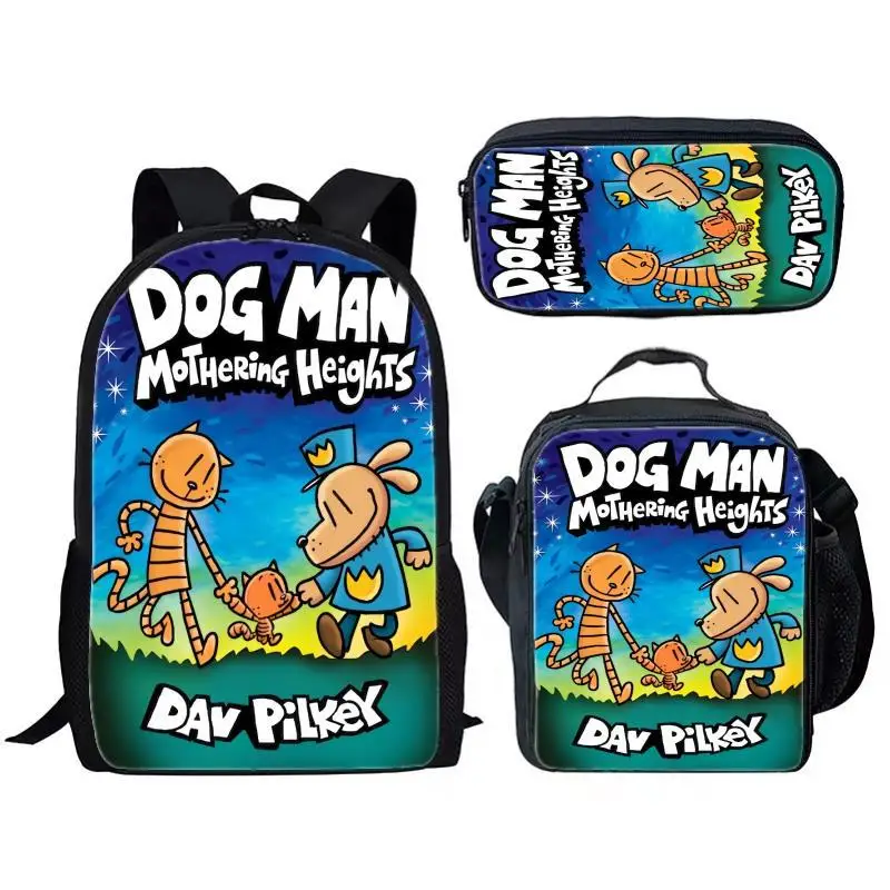 Dog Man Detective Dog Three Piece Set for Children and Elementary School Students, Large Capacity Backpack, Meal Bag, Pen Bag 3