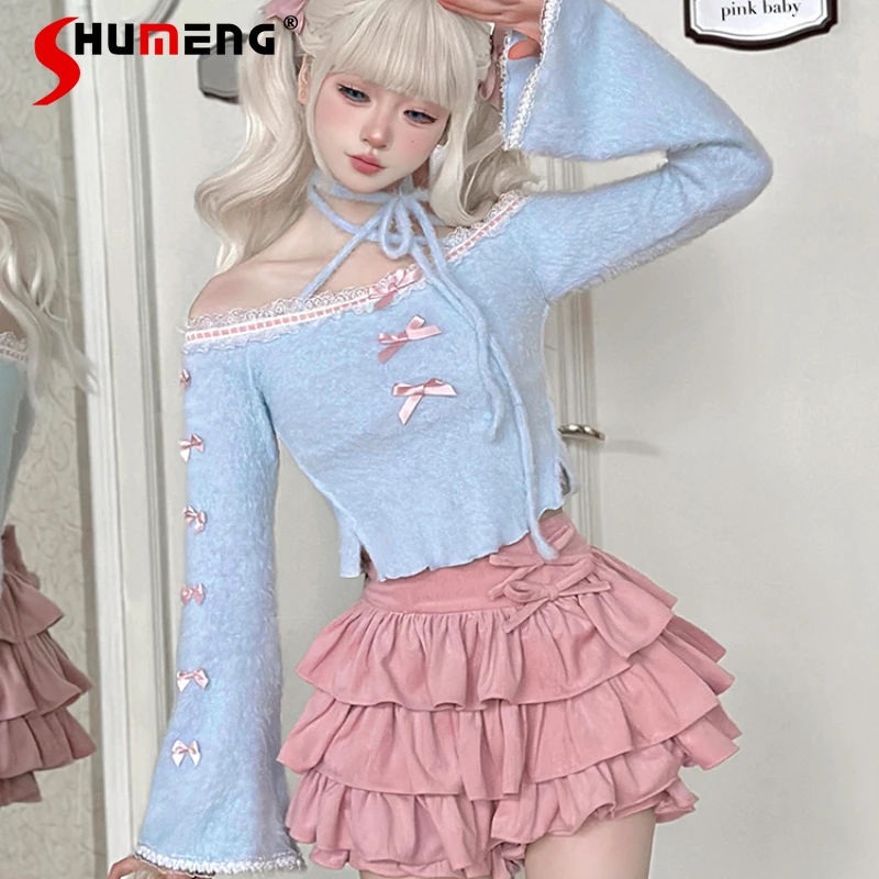 sweet-sexy-blue-bow-off-shoulder-long-flared-sleeve-sling-crop-top-2024-spring-new-kawaii-woman-cute-pink-short-cake-skirt-suit