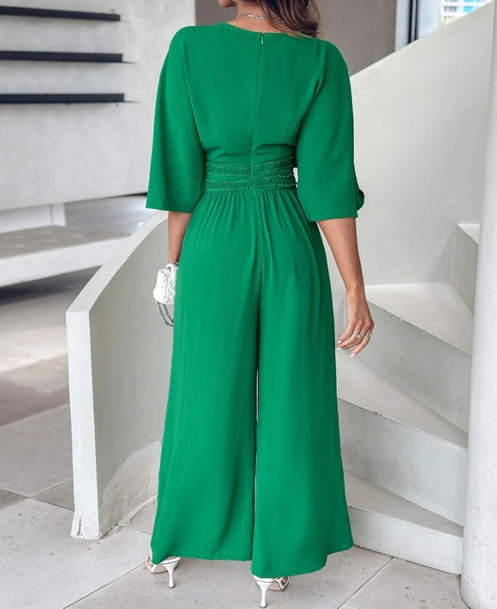 Jumpsuits for Women New Casual Deep V-Neck Wide Leg Ruched Women One Pieces Bodysuit Women Short Sleeve Elegant Casual Jumpsuit