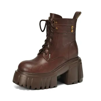 2025 Original Fashion Women's Boots 100% Genuine Leather Cowhide Thick-soled Boots Autumn Winter Classic Lace-up Shoes