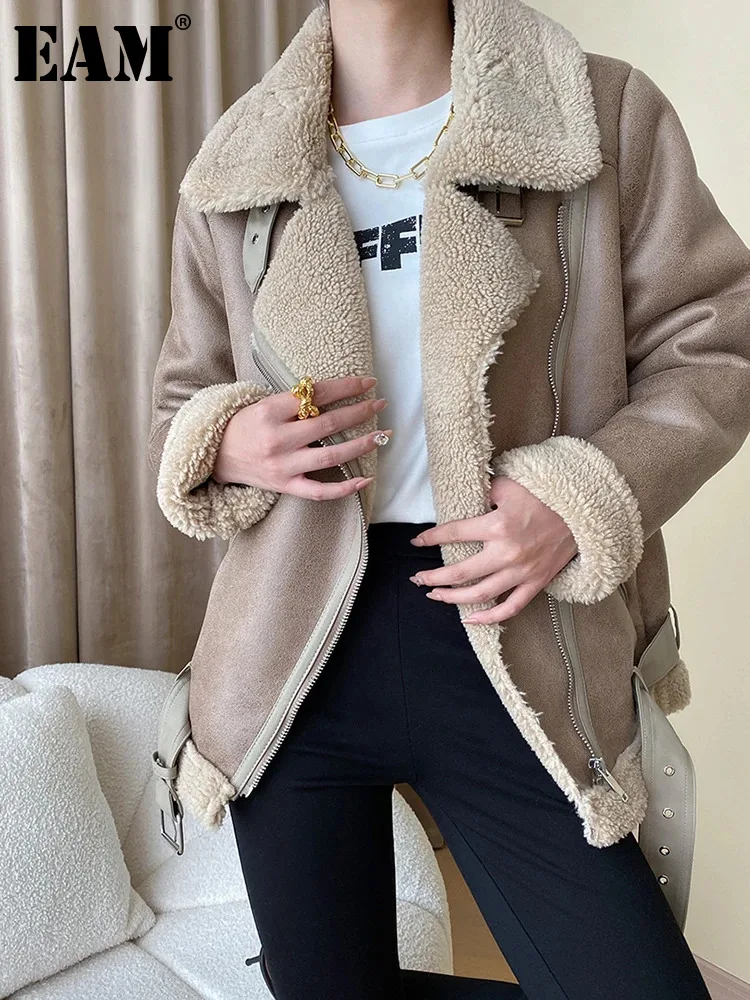 

[EAM] Loose Fit Khaki Lambswool Big Size Thick Jacket New Lapel Long Sleeve Women Coat Fashion Tide Autumn Winter 2024 1DH1322