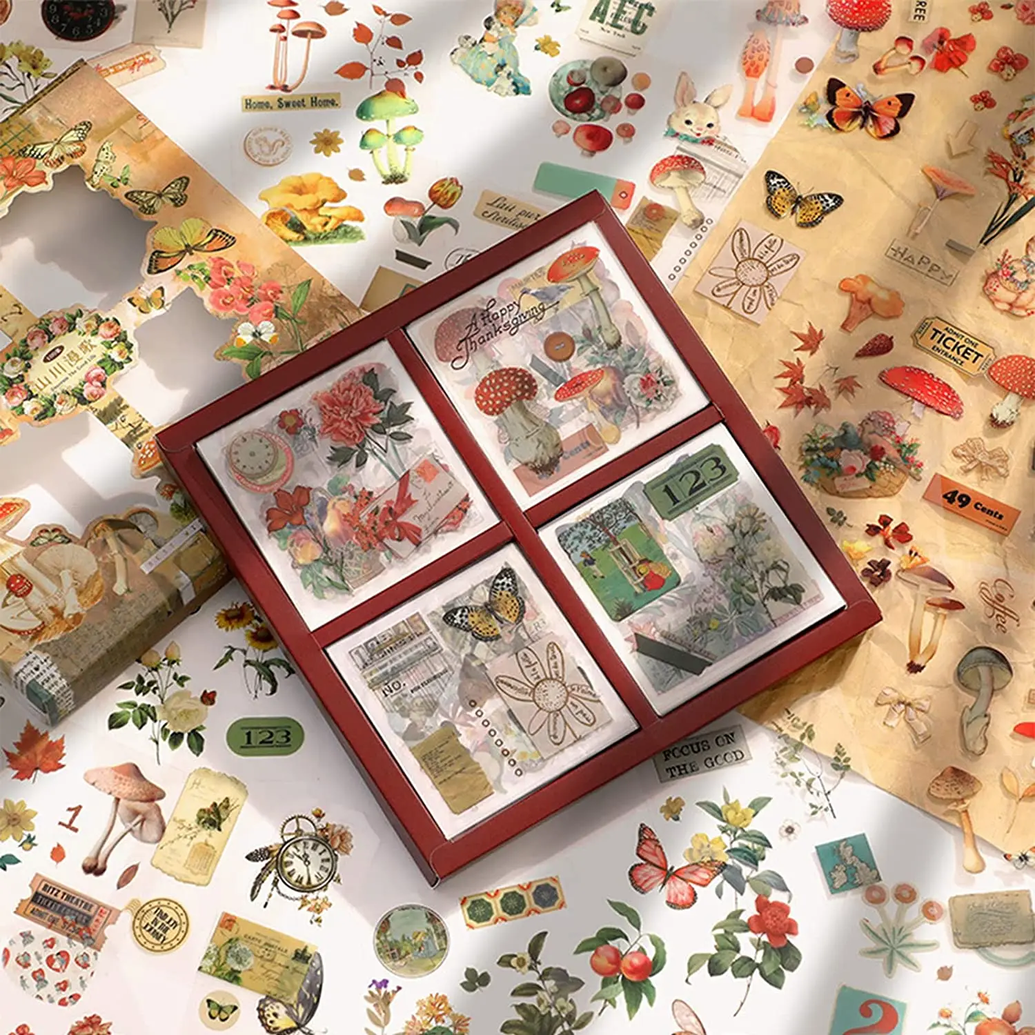 Simno 100 Sheets Flowers Mushroom Stickers Retro Literary Decorative Sticker Set Stationery Wholesale