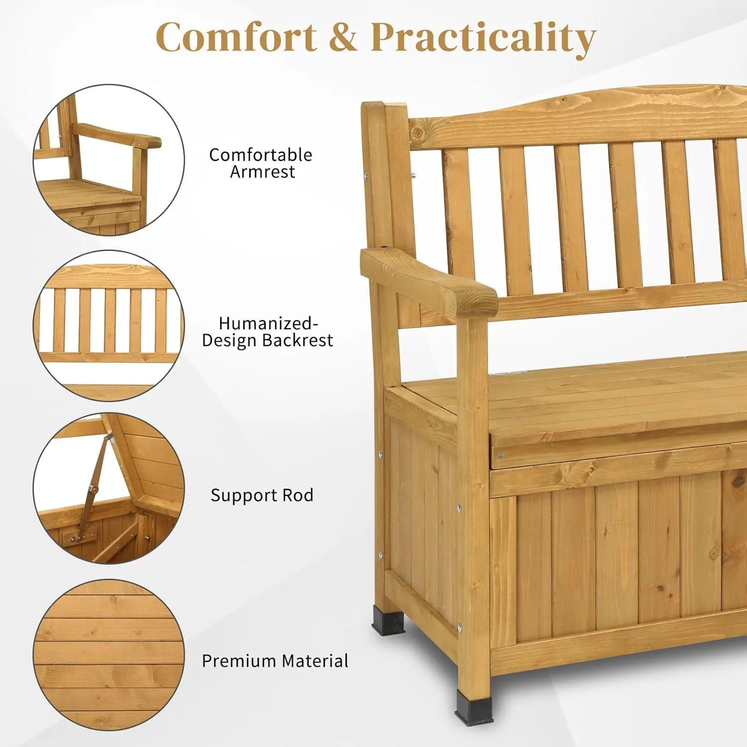 Outdoor Wood Storage Bench with Seating & Armrest 4