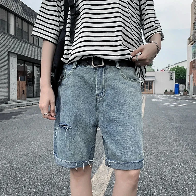 New Summer Perforated Denim Shorts Korean Casual Men's Shopping And Travel High-Quality Street Trend Tassel Loose Thin Shorts