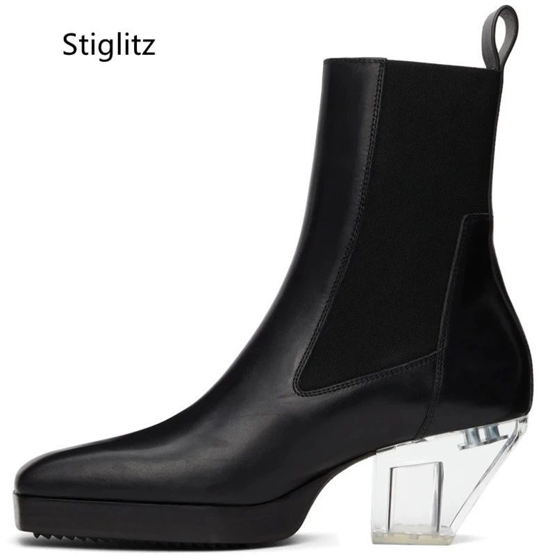 Men Shoes Ankle Boots Transparent High Heels Black Square Toe Hightop