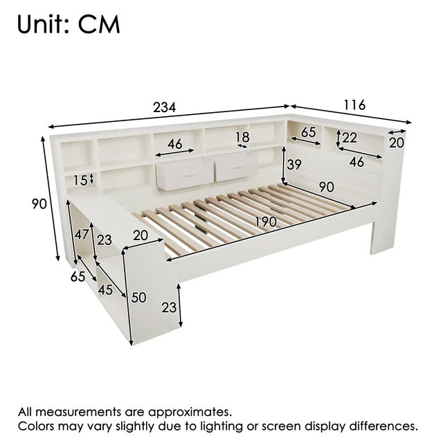 PINGGO 3FT Single Daybed with Storage USB Type-C Port Bookcase 90x190cm Wooden Platform Bed Frame White (No Mattress) 6 PINGGO 3FT Single Daybed with Storage USB Type-C Port Bookcase 90x190cm Wooden Platform Bed Frame White (No Mattress) 6