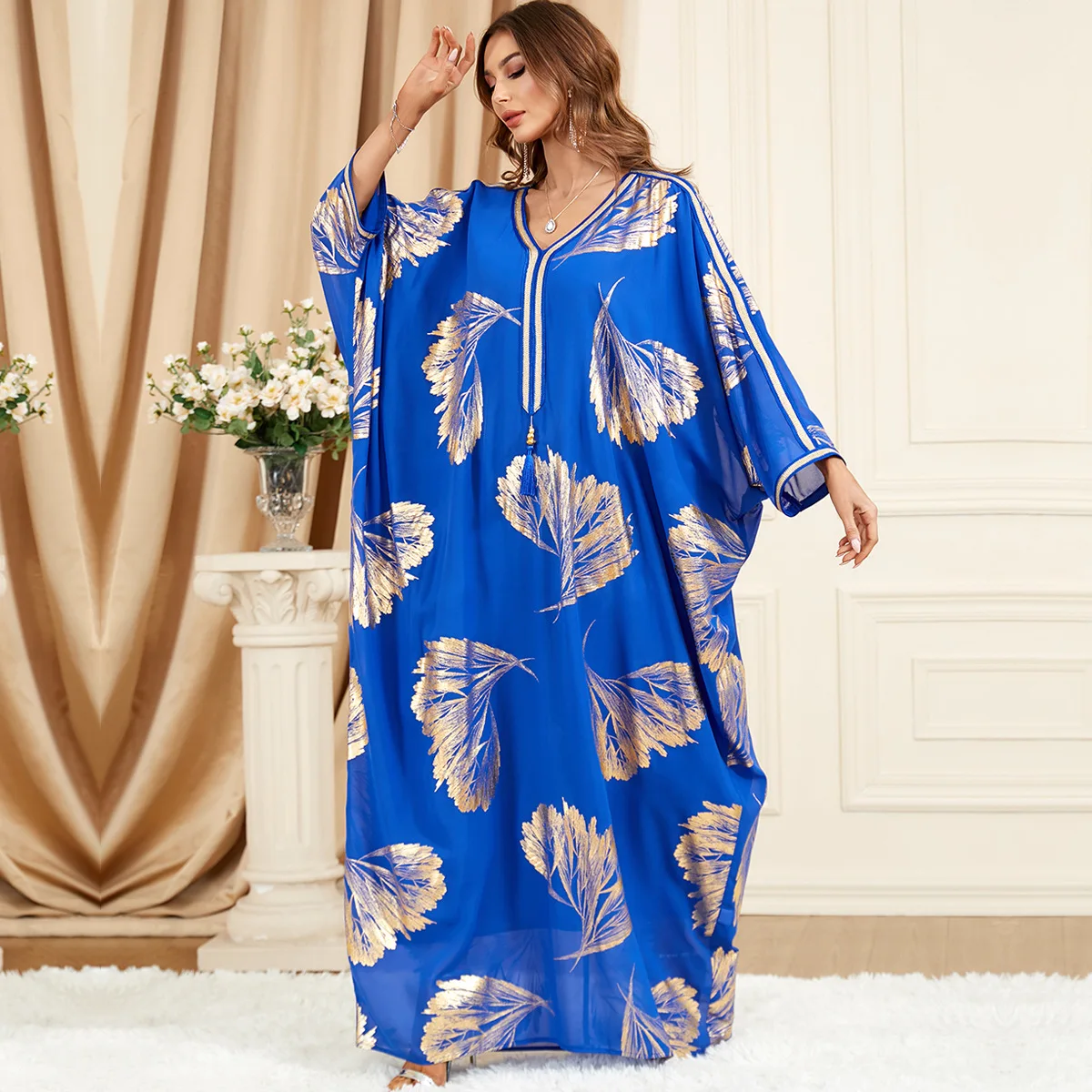 Muslim Abaya Dress for Women Fashion Leaf Gold Stamping Tape Trim V Neck Batwing Sleeve Robe Corban Eid Al Adha 2024 Hijab Dress