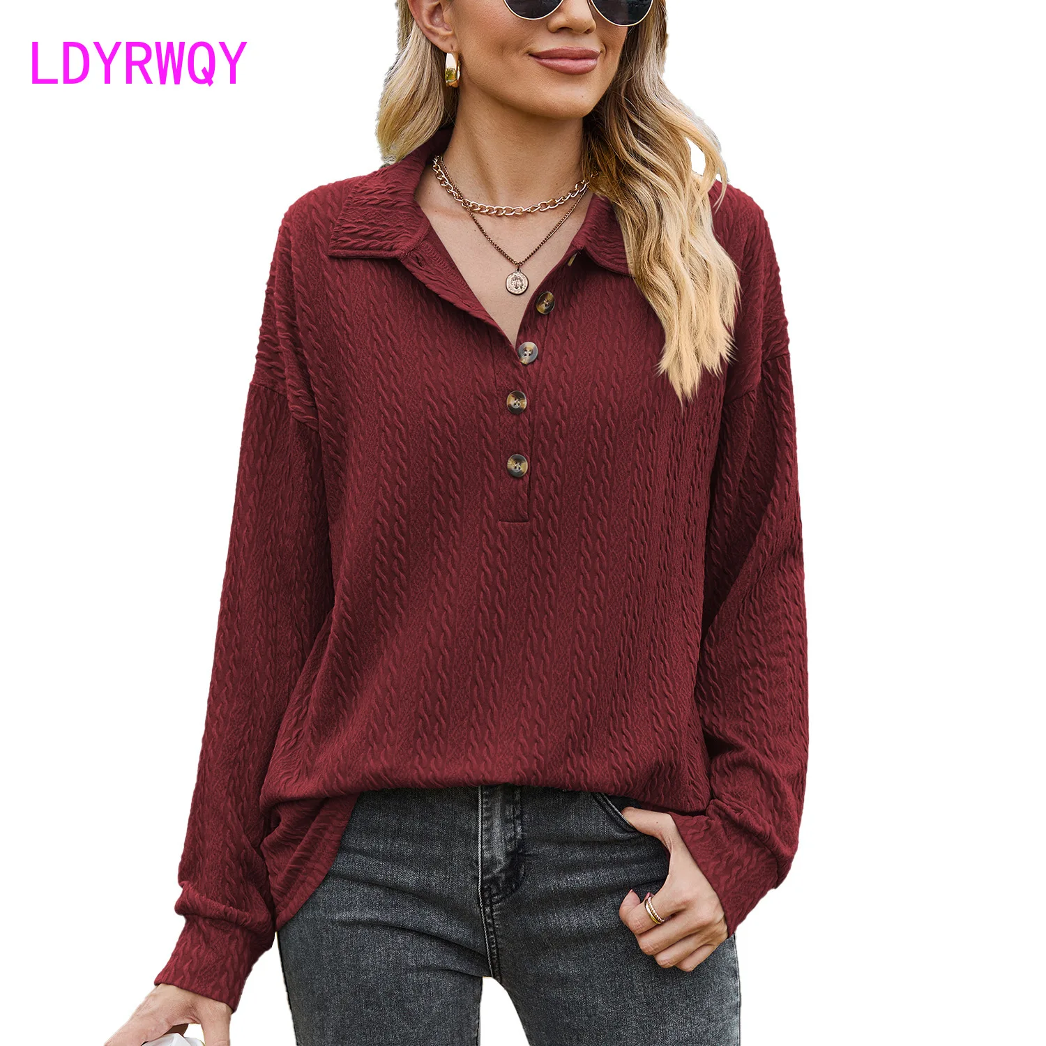 Autumn and Winter New Solid Polo Button Loose Long Sleeve Sweater Coat for Women