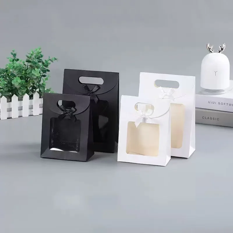 12 black and white gift bags with windows, upright small gift bags with bows, for wedding and birthday gift wrapping 6