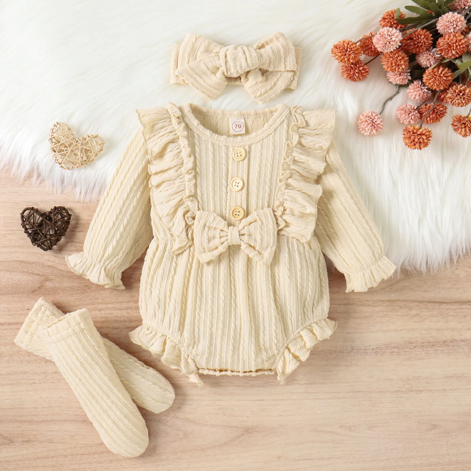 Infant Girls Ribbed Ruffles Long Sleeve Bowknot Romper Bodysuit Headbands Outfits Baby Clothes Mom Cotton Leotard Girls