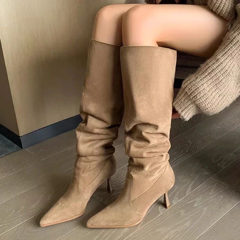 

Retro Pleated Knee High Cowboy Boots for Women 2023 Autumn High Heels Pointed Toe Western Boots Woman Brown Long Botas Feminina