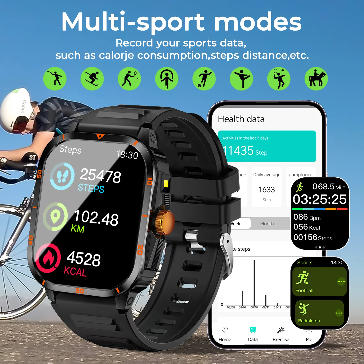 2025 Men Outdoor Sports Smart Watch 2.01''Screen Voice Assistant Blood Oxygen Bluetooth Call Multi Sports Modes Smartwatch Women 4