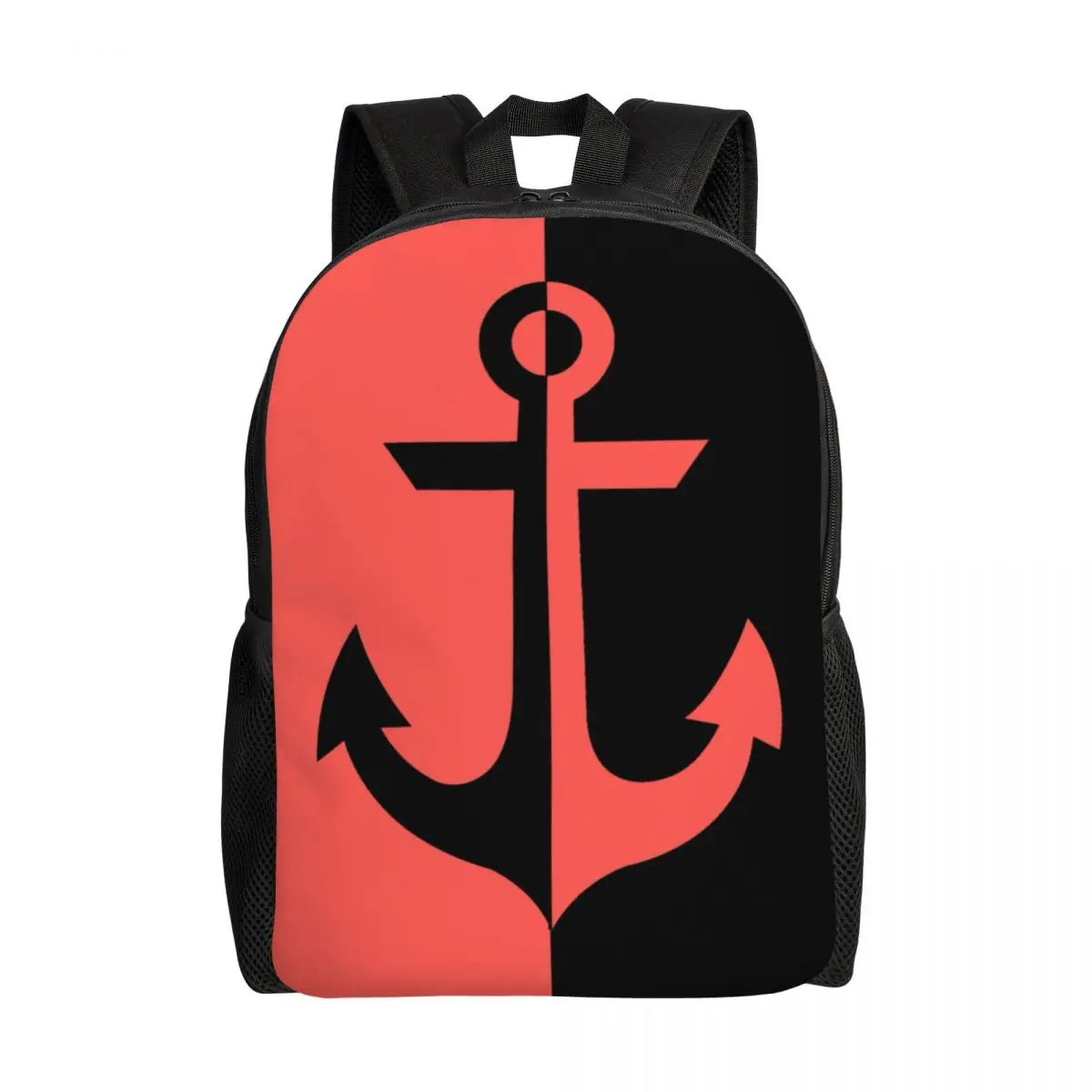 

Nautical Coral And Black Anchor Backpacks for Men Women Waterproof School College Navy Bag Printing Bookbag