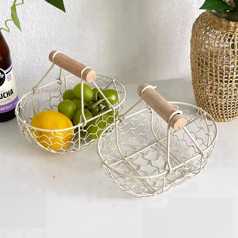 Metal Wire Basket with Wood Handle Decorative Serving Basket for Bread Food Fruit Egg Home Organizer Kitchen Storage Fruit Bins 4