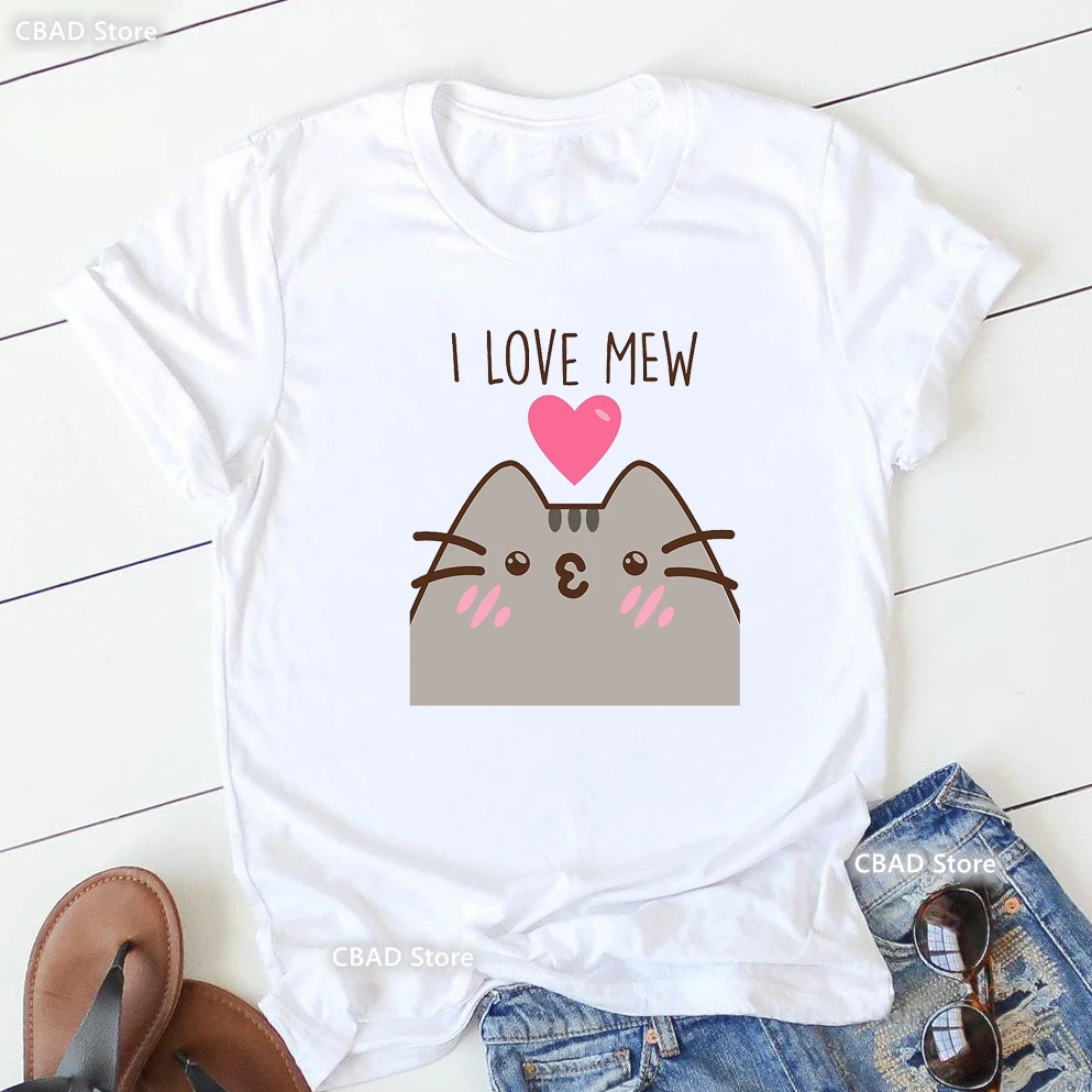 

2023 Summer Fashion L Love Mem Cat Graphic Print T Shirt Girls Funny White Casual Tshirt Women Harajuku Kawaii Clothes Tops