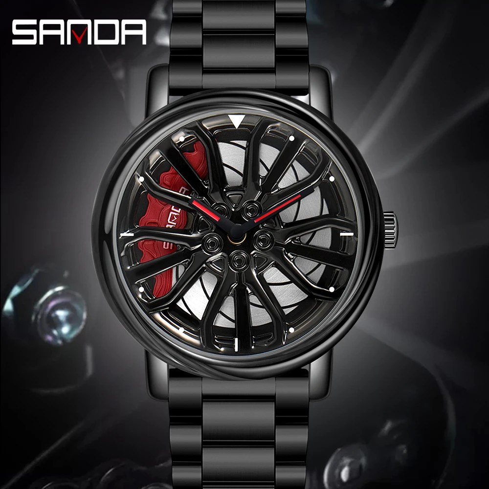 

Men Fashion Hot Sell Car Rim Wristwatch 360 Degree Rotating Wheel Rim Dial Watches Stainless Steel Waterproof Sport Quartz Clock