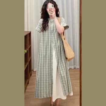 Summer Plus Size Maternity Dress Suits Short Sleeve Plaid X-LONG Shirts White Skirts Twinset Fashion Pregnant Woman Clothes Set