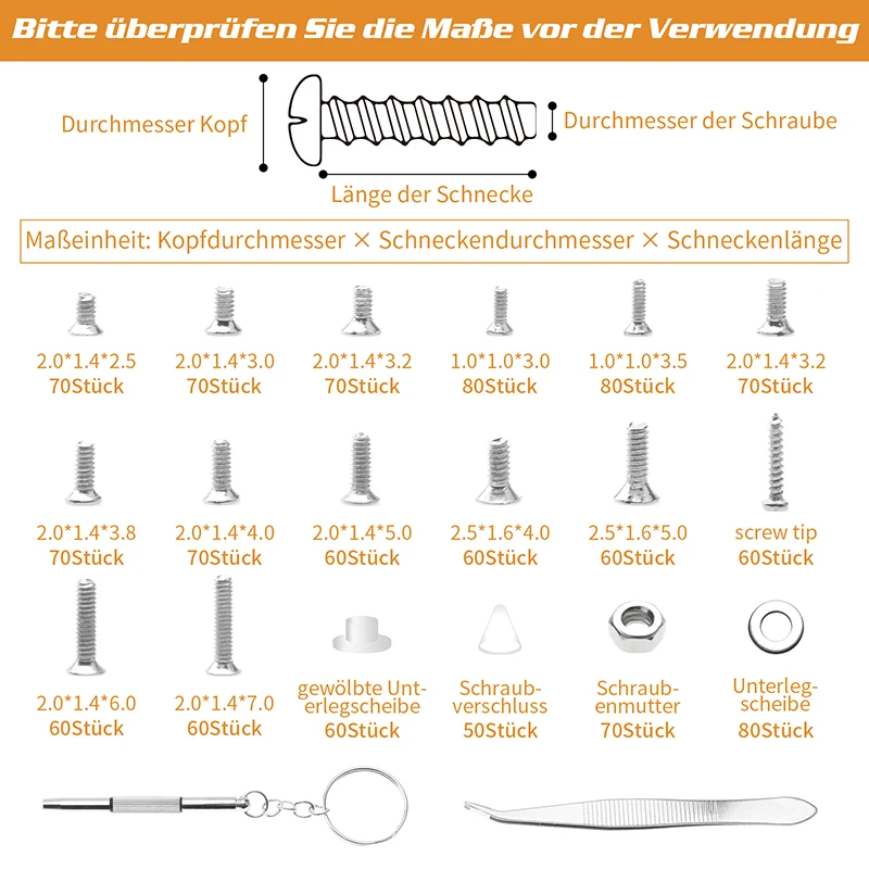 트위저 스크루 드라이버 포함 안경 나사 수리 키트, 소형 미니 나사 너트 모음, 안경 수리 코 패드, 1200 개