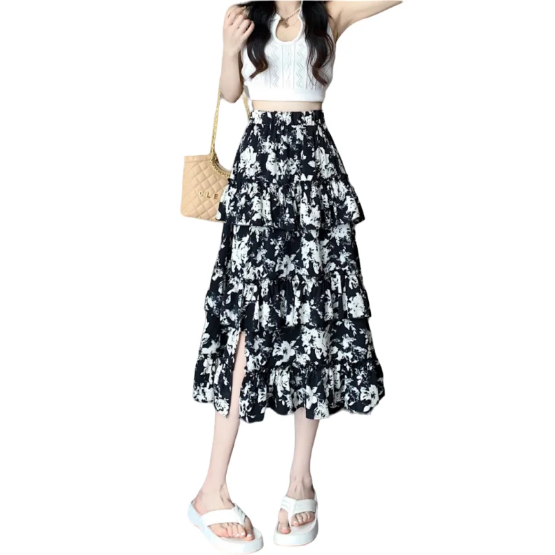 

Summer New Chiffon Feminine Mid-Length Skirts High Waist Vintage Printing A-Line Breathable Cozy Flowy Chic Mid-Calf Vestidos