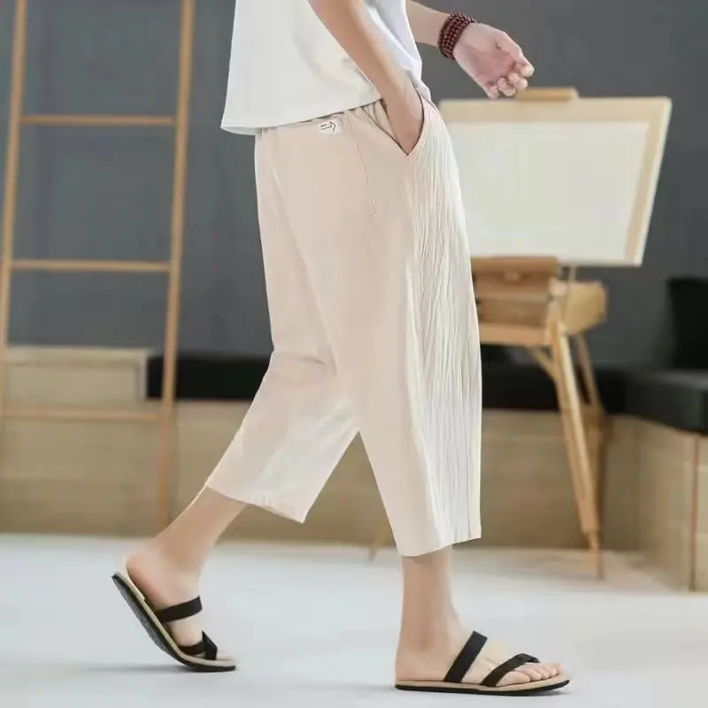 Summer Solid Color Elastic Waist Cropped Pants Men Thin Style Flax Casual All-match Loose Large Size Straight Cylinder Shorts