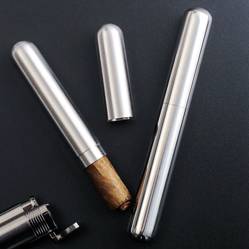 

DEJAYA Stainless Steel Cigarette Box Single Cigar Humidor Tube Portable Travel Storage Case Smoking Accessories