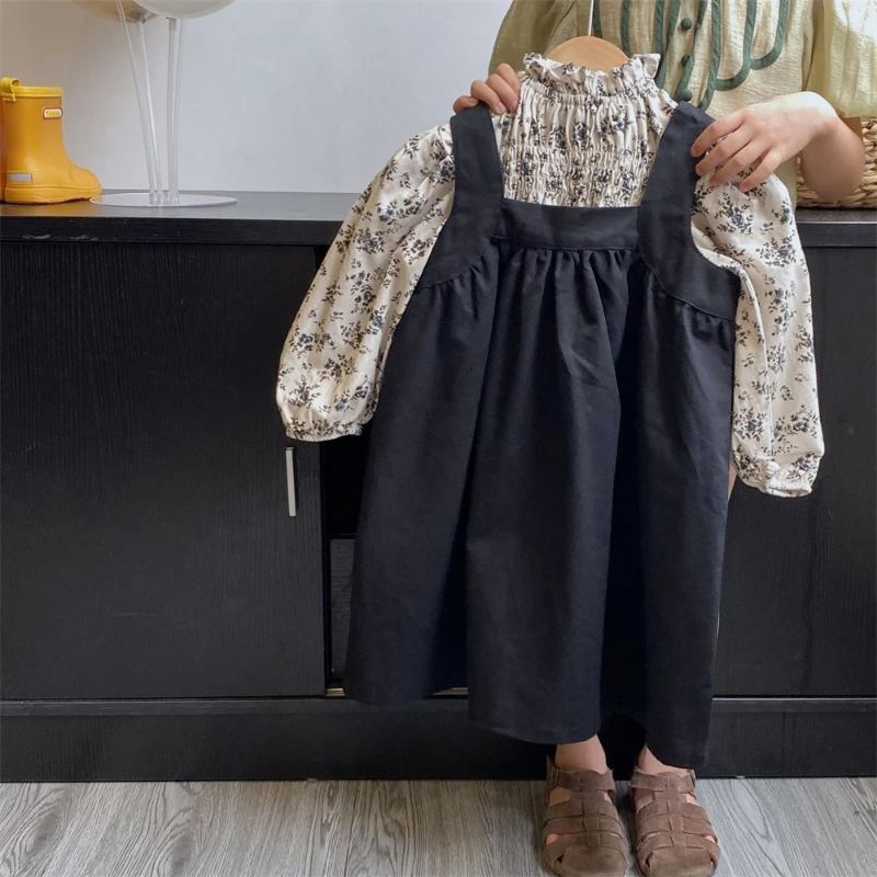 

Girl Suit 2024 New Spring Autumn Korean Fashion Style Sets Girls Floral Long Sleeve Shirt Solid Sleeveless Dress Two Piece Suit