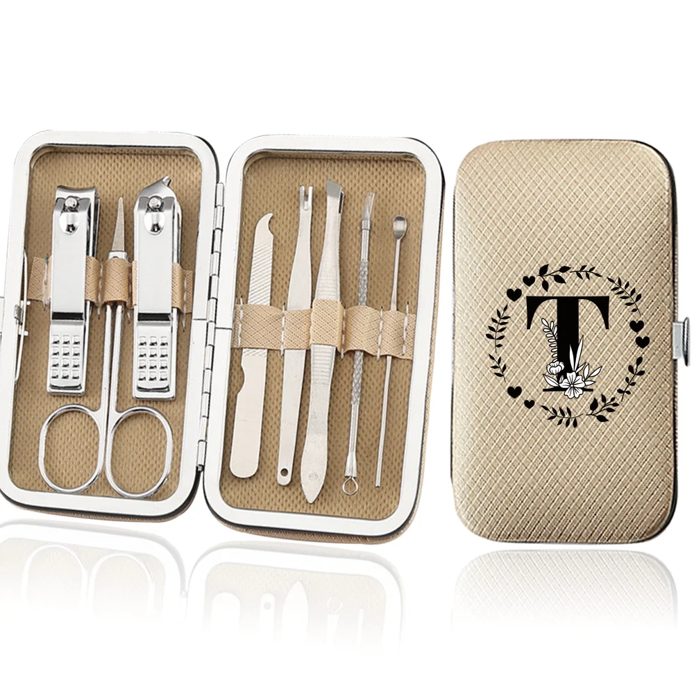 스테인레스 스틸 매니큐어 세트, 전문 손톱깎이 키트, 페디큐어 도구, 가정용 휴대용 트리머 케이스, 화환 문자 패턴, 8 개