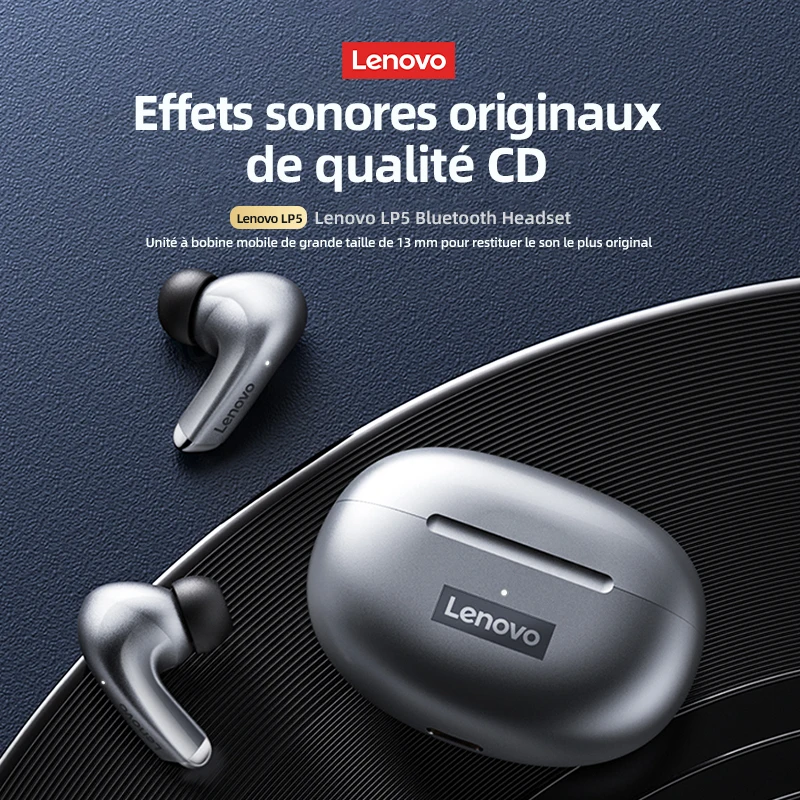 Lenovo-Écouteurs Bluetooth sans fil LP5, écouteurs de musique HiFi avec micro, casque de sport étanche, 100% d'origine, nouveau, 2022