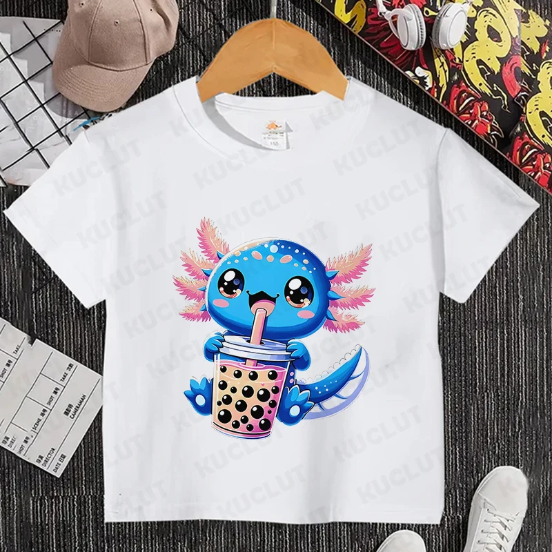 Cute Axolotl Drink Boba Tea Funny Kids T Shirt Girls Summer Tops Boys Clothes Cartoon Kawaii Tops Children Short Sleeve T-shirt 2