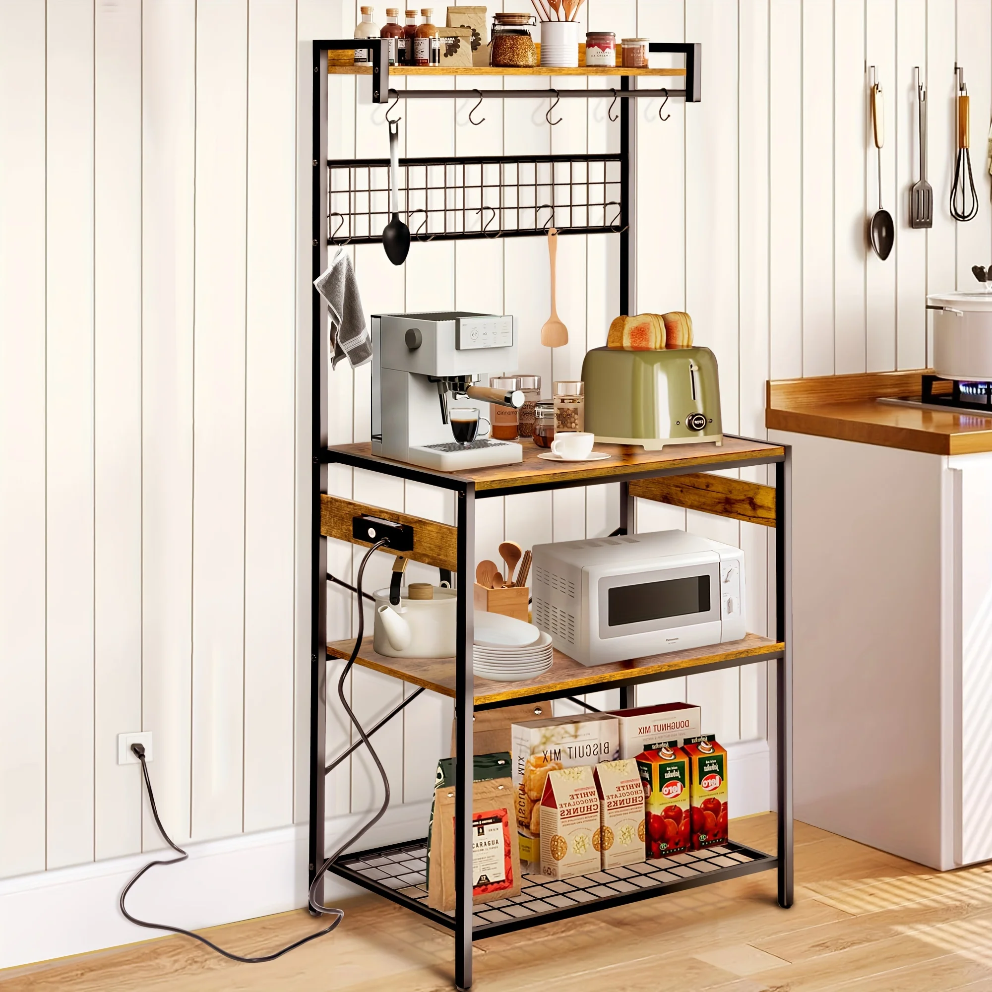 

Large Bakers Rack with Power Outlets, 31.5 Inch Width Baker Rack with 4 Tiers, Kitchen Stand with 10 S-Shaped Hooks, Kitchen She