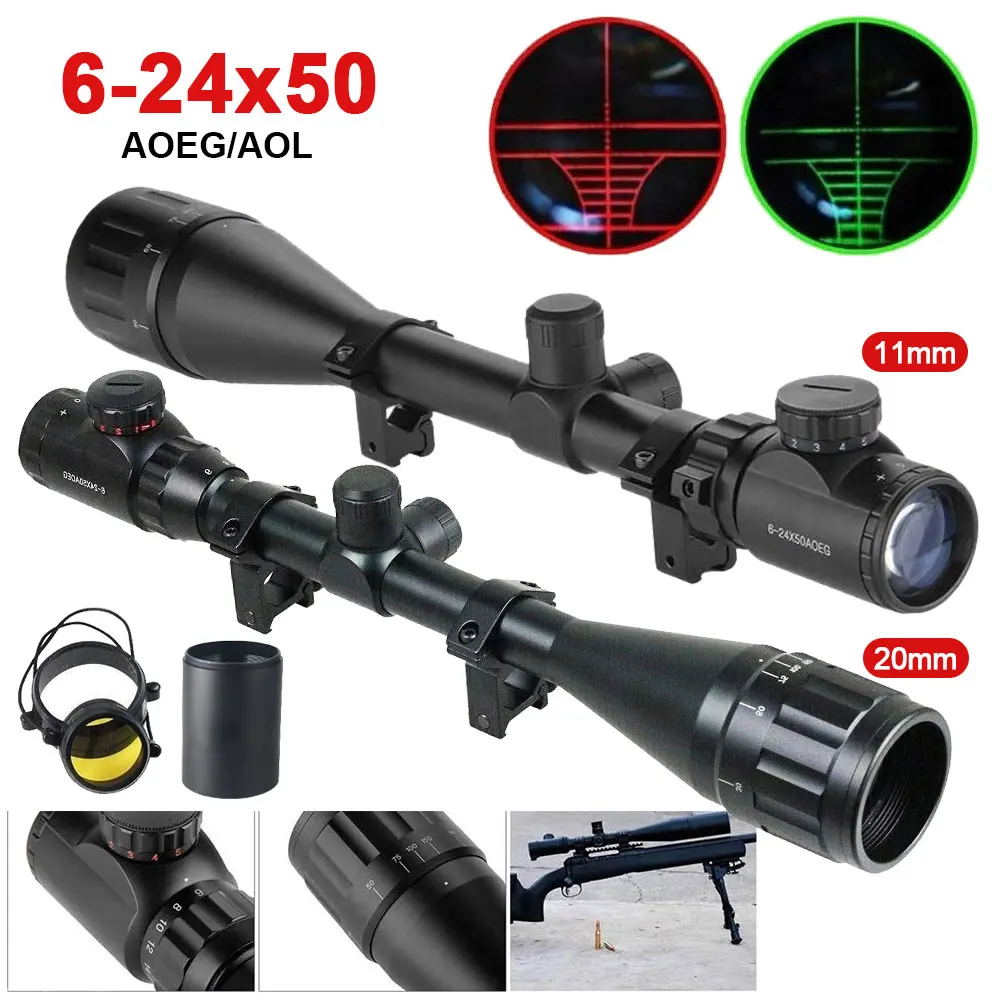 

6-24x50 AOEG AOL Hunting Riflescope Red/Green Dual Crosshair illuminated Optical Scope Tactical Sniper Scope+11/20mm Rail Mount