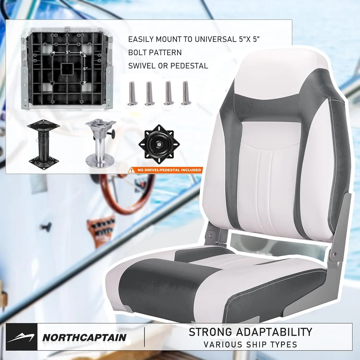 Deluxe A Pair of Marine High Back Folding Fishing Boat Seat,Stainless Steel Screws Included,White/Charcoal