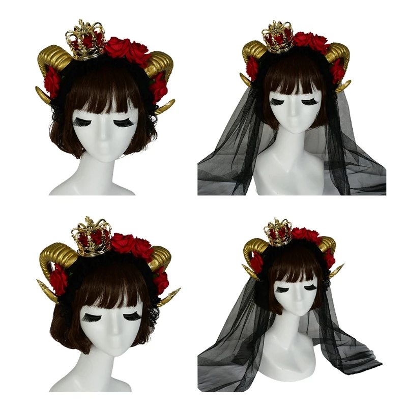 

Girls Ox Horn Headwear Veil Rose Horn Halloween Cosplay Accessories