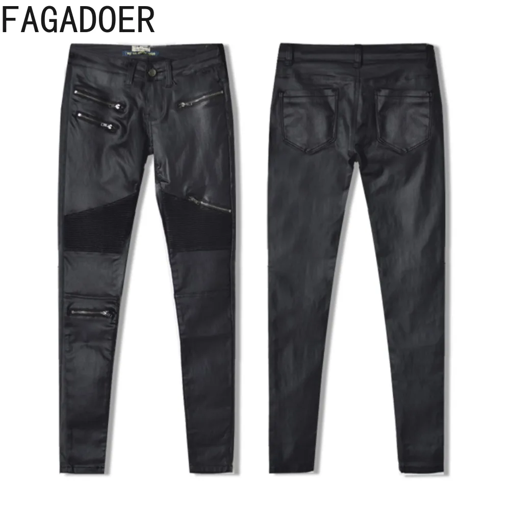 FAGADOER Black Sexy PU Leather Skinny Pants Women High Waisted Button Trousers Fashion Female Zip Patchwork Pencil Pants Bottoms