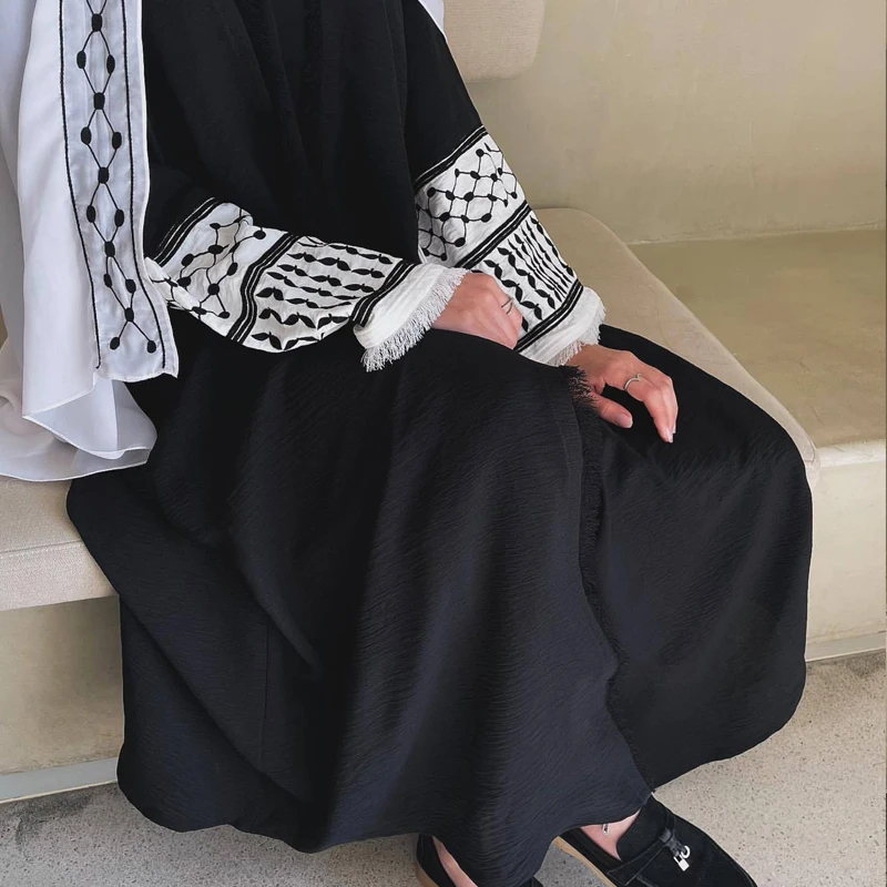 2024 Wrinkle Soft Crepe Embroidery Muslim Kefiyyeh Abaya Ramadan Tassel Dubai Abaya Women Muslim Dress Modest Islamic Clothing Best Sellers In Women's Clothing