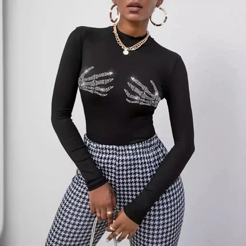 New Fashion Semi-turtleneck Hot Diamond Long-sleeved Blouse Street Solid Color Spring and Autumn Women's Casual Slim Fitting Top