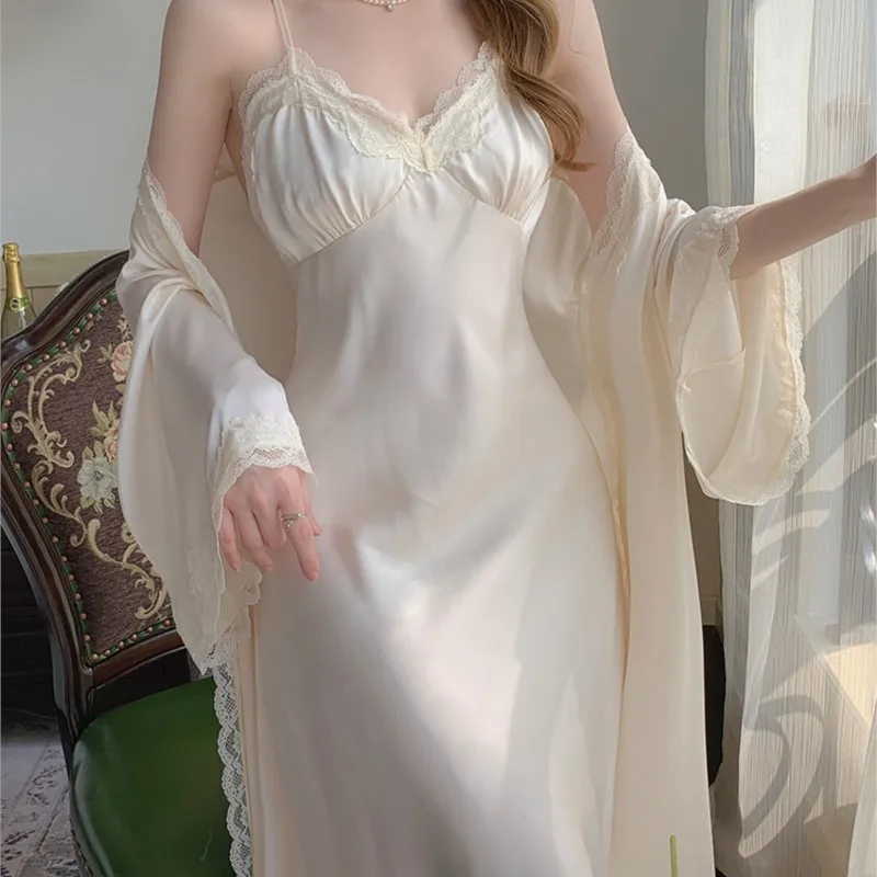 Wedding Tie Morning Gowns Women's and Bridesmaid Sense Niche Ice Silk Robe Slip Nightdress