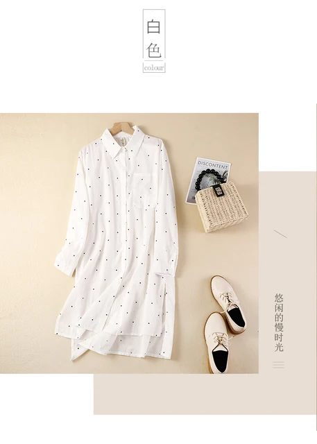 Limiguyue Loose Polka Dot Button Hemp Long Shirt Dress Turn Down