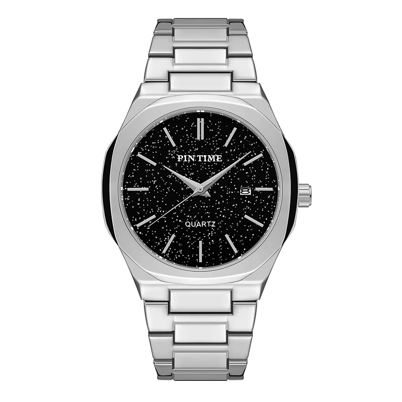 PINTIME Man Watch Stainless Steel Strap Casuals Fashion Quartz Wristwatch Waterproof 30m Starry Sky Dial Calendar Reloj Hombre
