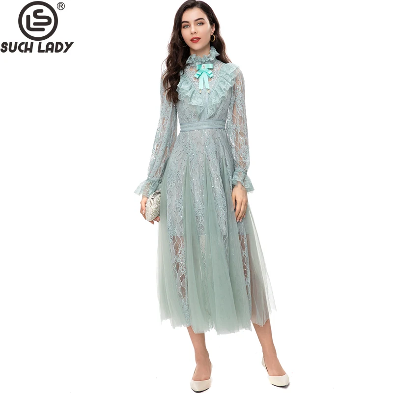 

Women's Runway Dresses Stand Collar Long Sleeves Beaded Embrodiery High Street Elegant Fashion Designer Vestidos